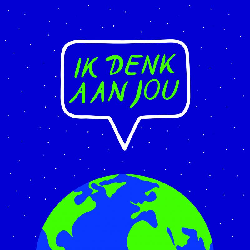 Illustratie van de aarde met de tekst: ik denk aan jou